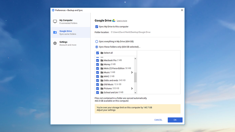 Unsync some folders for more space. (Image: Screenshot)